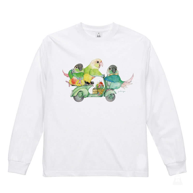 ロングTシャツ｜緑のバイクとウロコインコ