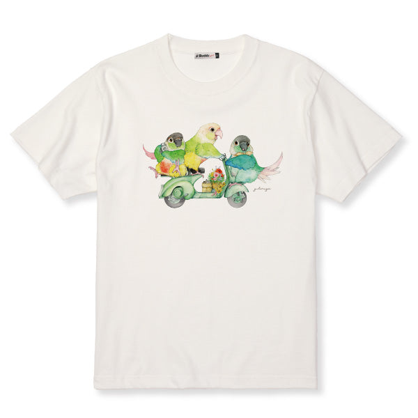 Tシャツ｜緑のバイクとウロコインコ