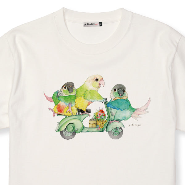 Tシャツ｜緑のバイクとウロコインコ